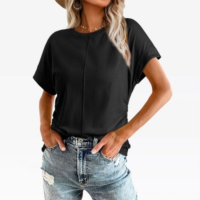 Womens Summer Short Sleeve T Shirts Side Ruched Crew Neck Cap Sleeve Basic Tops Casual Solid Tops Comfy Knit Tops
