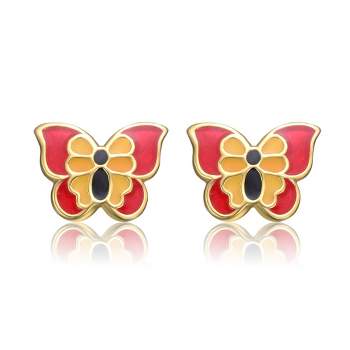 14k Gold Plated Red, Black & Yellow Enamel Butterfly Stud Earrings