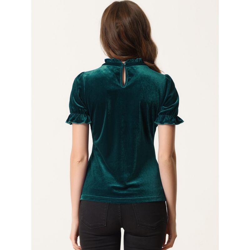 Allegra K Women's Short Sleeve Velvet Keyhole Back Ruffle mock neck Shirt, 3 of 6