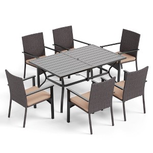 Captiva Designs 7pc Patio Dining Slat-top Rectangle Steel Table & Rattan Chairs with Cushions - 1 of 4