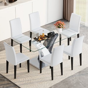7-Piece Dining Set with Tempered Glass Table and 6 PU Armless Chairs - 1 of 4