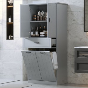 CAVINAS Tall&Wide Freestanding Bathroom Storage Cabinet,Versatile Storage Cabinet with Adjustable Shelves,1 Drawer&2 Tilt-Out Hampers - 1 of 4