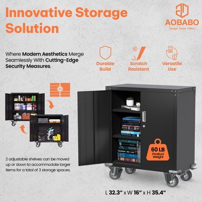 Black Steel Lockable Office Cabinet with Adjustable Shelves and Wheels