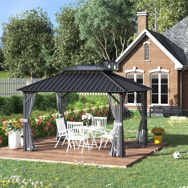 Outsunny 10x12 Hardtop Gazebo with Aluminum Frame, Permanent Metal Roof Gazebo Canopy with Netting for Garden, Patio, Backyard, 2 of 7