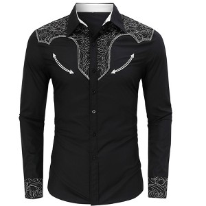 Mens T-Shirt Western Embroidered Long Sleeve Cowboy Button Down Shirt for Men - 1 of 4