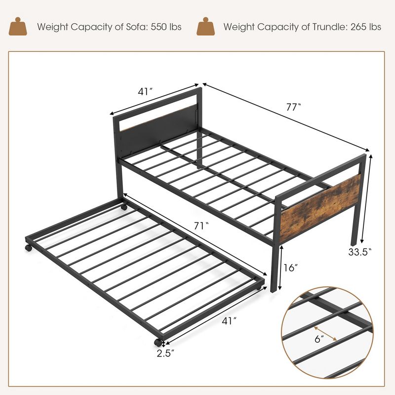 Costway Twin Metal Daybed with Trundle Lockable Wheels Heavy Duty Metal Slats Support, 3 of 11