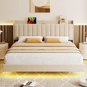 Full Size Floating Bed Frame with LED Lights, Upholstered Platform Bed Frame with Charging Station & Storage Headboard - 1 of 4