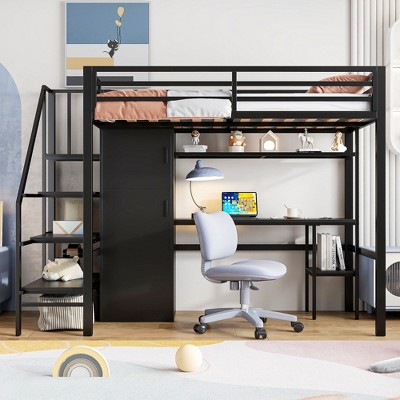 TIRAMISUBEST Twin Size Metal Loft Bed with Desk, Storage Bed Frame with Shelf, Wardrobe and Storage Staircase