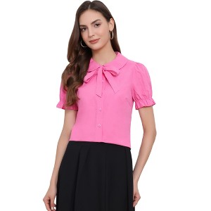 INSPIRE CHIC Women's Vintage Bow Tie Solid Peter Pan Collar Office Button Up Shirt - 1 of 4