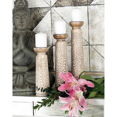 Rustic Elegance Mango Wood Carved Candle Holders, Brown Floral Set of 3