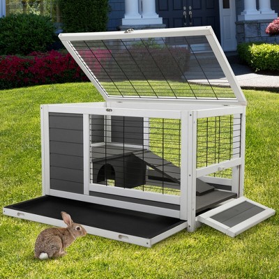FURNIinspire Pet Crates and Houses Luxury 2 Storey Pet House Box Wooden Cage Comfy Cabin for Small Animals, Grey, 35.43"*20.87"*21.26"