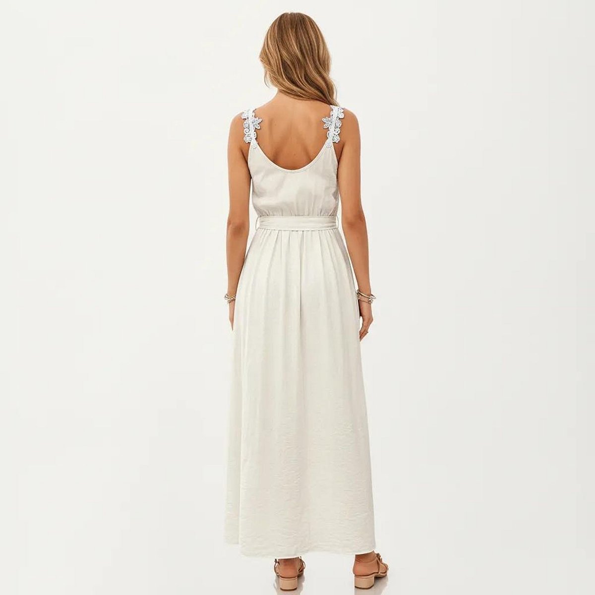 Женские платья Anna-Kaci Women's Sleeveless Maxi Dress with Floral Applique Straps Belted Waist and Front Slit - Small, Light Beige — фото 3