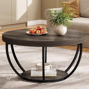 HTUTWOO 31.7" 2-Tier Round Coffee Table, Modern Wood Accent Center Table with Storage Open Shelves For Living Room, Home Office - 1 of 4