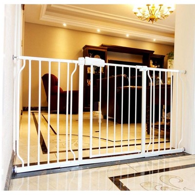 Tramull Walk Through Baby Gate Auto Close Tension White Metal Child Pet Safety Gates with Pressure Mount for Stairs,Doorways and Baniste