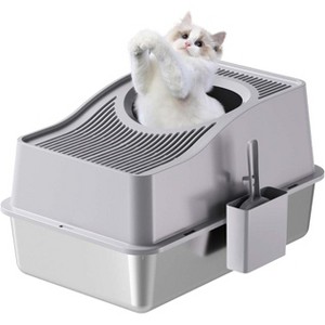 Stainless Steel Enclosed Cat Litter Box with High Sided Lid, Easy-Clean Detachable Tray, Odor Control, Includes Litter Mat & Scoop, Hidden Cat Toilet - 1 of 4