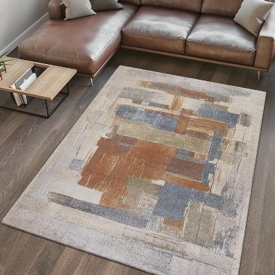 Cream and Multi Abstract Synthetic Washable 4' x 6' Rug