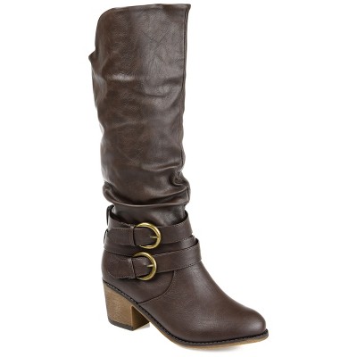 Journee Collection Women's Mid-Calf Slouch Boots - Round Toe, Wide Calf Option, Taupe, 2.25" Block Heel