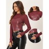 INSPIRE CHIC Women's Faux Leather Mesh Long Sleeve Stand Collar Blouses - 2 of 4