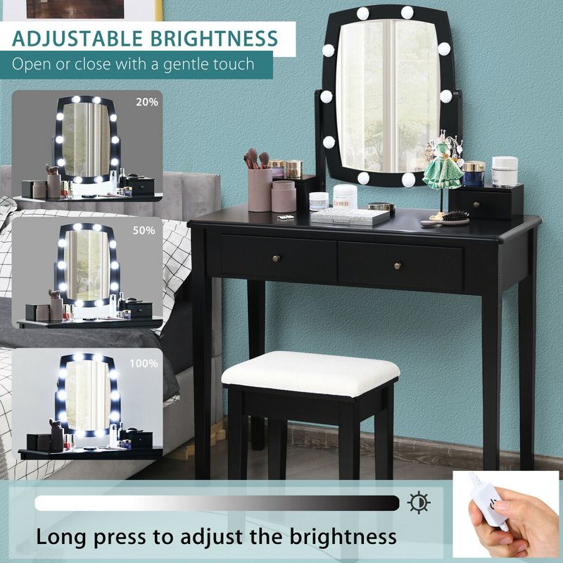 Costway Vanity Table Set with Lighted Mirror Adjustable 10 Bulbs Dresser 4 Drawer, 5 of 10