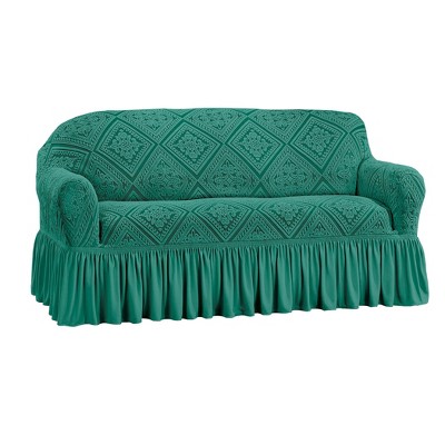 Collections Etc Stylish Trellis Design Ruffled Border Stretch Furniture Cover Loveseat Green