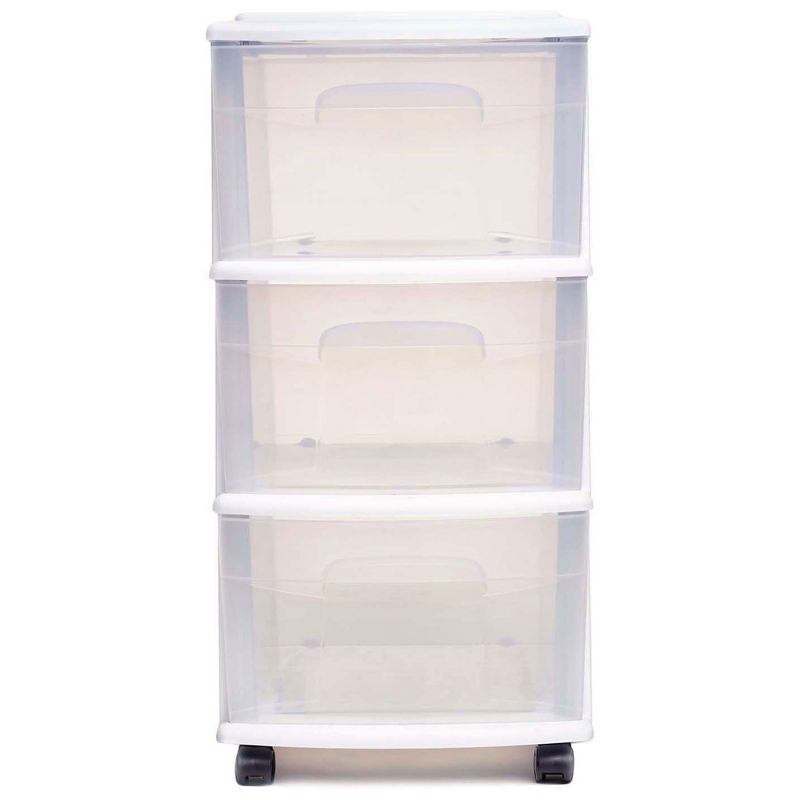 Homz Clear Plastic 3 Drawer Medium Home Organization Storage Container Tower with 3 Large Drawers and Removeable Caster Wheels, White Frame (2 Pack), 3 of 7