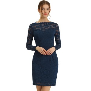 Allegra K Women's Elegant Lace Boat Neck Cocktail Bodycon Pencil Dress - 1 of 4