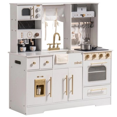 ROBOTIME Play Food and Toy Kitchens, Play Kitchen Playset with Wash Basin and Ice Maker, for Children's Gift, White, 38"*14.2"*39.8"