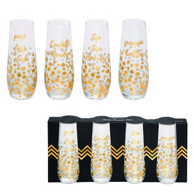 Transpac Glass 6 in. Gold Seasonal Celebrate Stemless Flutes Set of 4