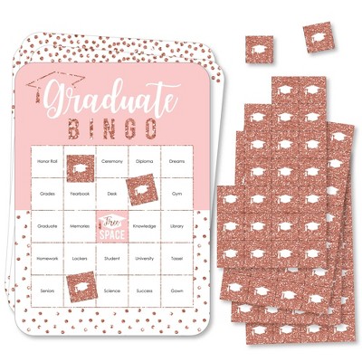 Big Dot of Happiness Rose Gold Grad - Bingo Cards and Markers - Graduation Party Shaped Bingo Game - Set of 18