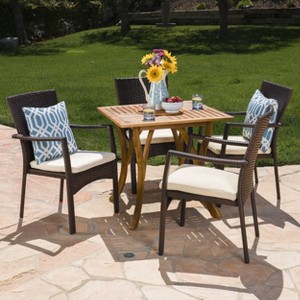 Christopher Knight Home Ferris Outdoor Acacia Wood and Wicker 5 Piece Dining Set with Cushions - 1 of 4