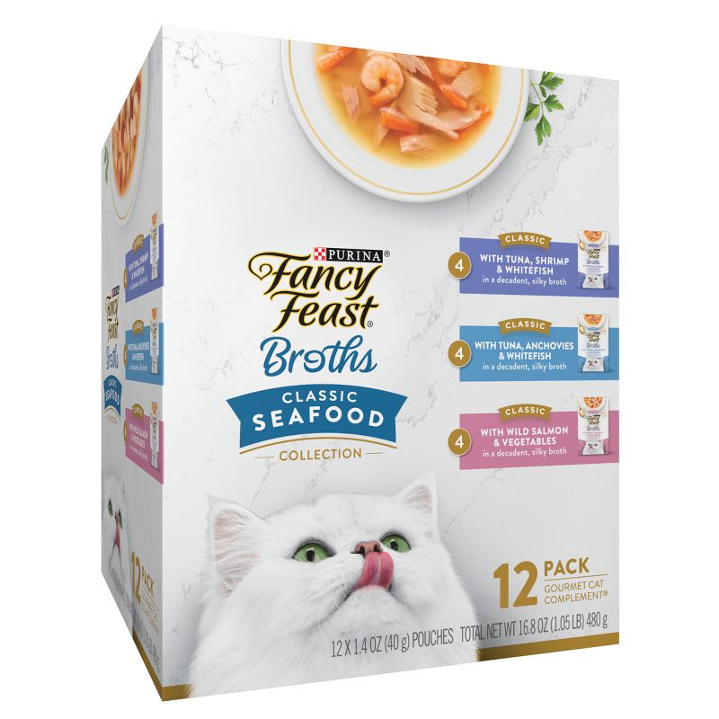 Purina Fancy Feast Broths Lickable Classic Collection Gourmet Wet Cat Food Complement Seafood, Tuna, Salmon, Shrimp, Fish - 1.4oz/12ct Variety Pack, 5 of 9