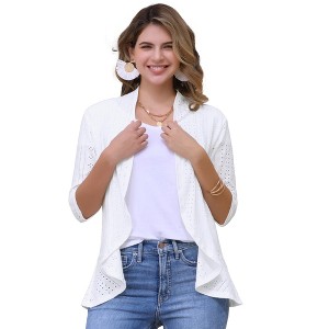 INSPIRE CHIC Women's 3/4 Sleeve Dressy Neck Ruffle Open Front Casual Eyelet Cardigans - 1 of 4