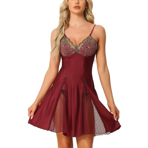 Cheibear Women's Lingerie Babydoll Satin Mesh Inset Sweet Nightgown Mini  Chemise Dress Burgundy X-small : Target