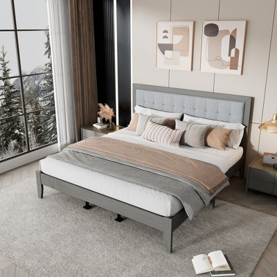 NicBex Classic Queen/King/California King Platform Bed Frame with Upholstered Headboard,Solid Wood Slats Support,Noise-Free,Easy Assembly,Gray