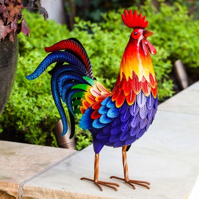 Vibrant Multicolor Metal Rooster Garden Statue 20.87 inches