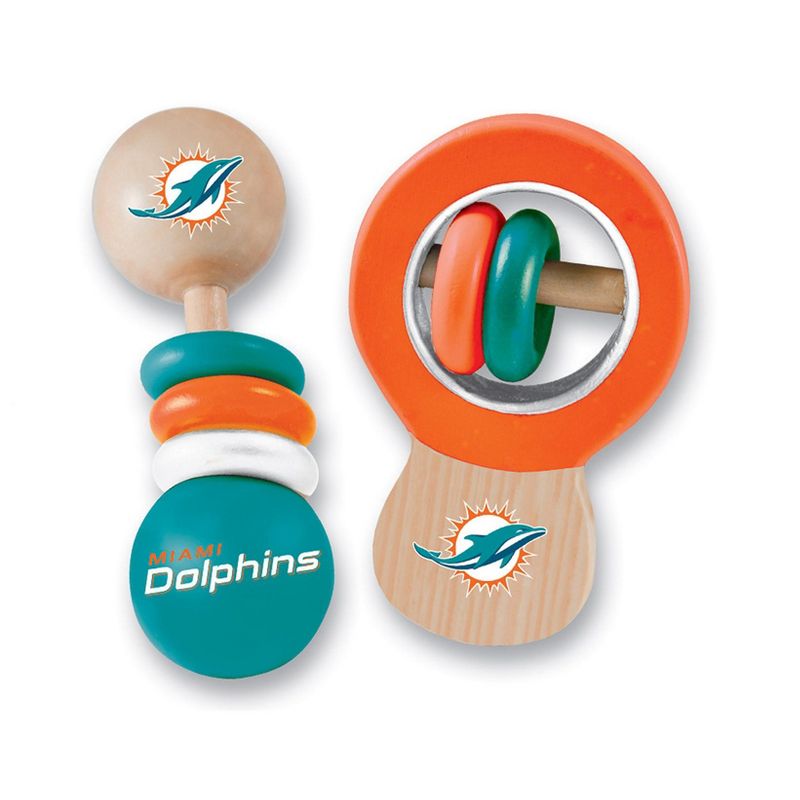 Baby Fanatic Wood Rattle 2 Pack - NFL Miami Dolphins Baby Toy Set, 2 of 5