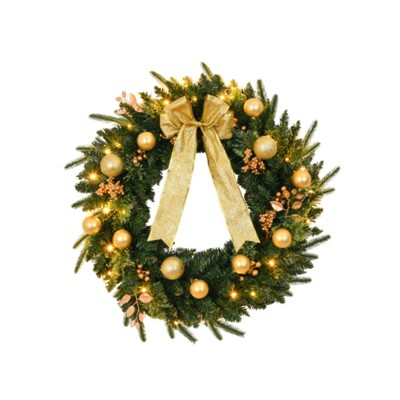 SEVOBAL Wreaths 24in Christmas Wreath with Remote Artificial Xmas Wreath with 120 PVC Tips and Ornaments for Xmas Party Decoration, Green, 24"*5"*24"