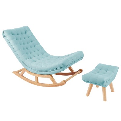 Teal Tufted Rocking Lounge Chair with Wood Legs and Footrest