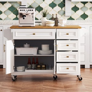 Okak Kitchen Island with Embossed Texture Drop Leaf and Adjustable Shelf, Kitchen Cart with Spice Rack and Towel Rack for Dining Room - 1 of 4