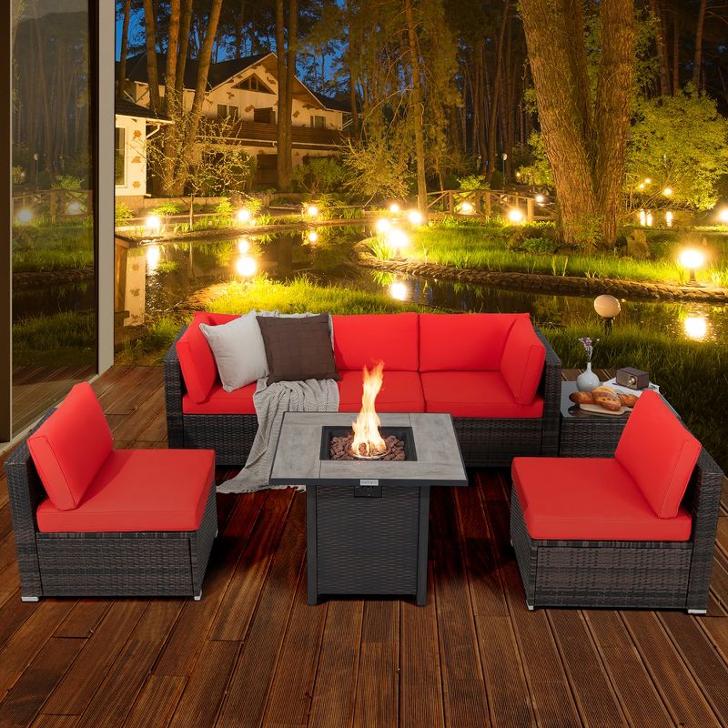 Costway 7PCS Patio Rattan Furniture Set 30'' Fire Pit Table Cover Cushion Sofa Off White\Black\Navy\Red\Turquoise, 2 of 10