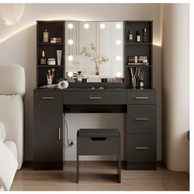 Makeup Vanity Desk With 10 Led Lights, 3 Lighting Colors, Brightness Adjustable, Vanity Set Dressing Table With 5 Drawers