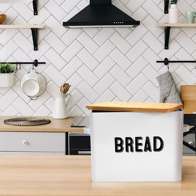 White Metal Bread Box with Bamboo Lid and Handles