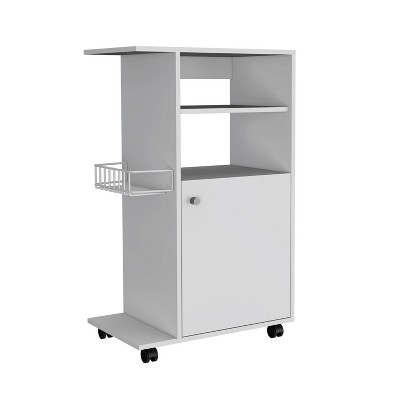 VYNXARIA Modern Kitchen Cart 39" H, Single Door Cabinet, Four Wheels, One Side Shelf, White