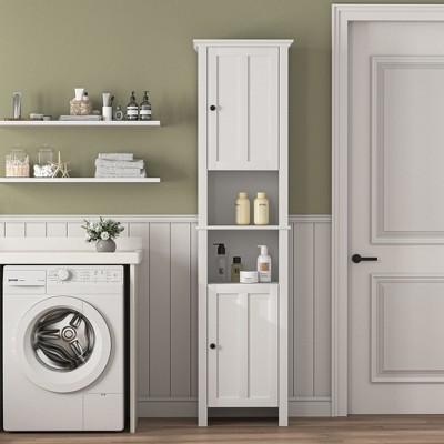 Munora - 66.93" Tall Bathroom Floor Storage Cabinet - 2 Doors, 6 Shelves (Adjustable) - Slim Freestanding for Living Room/Laundry - White
