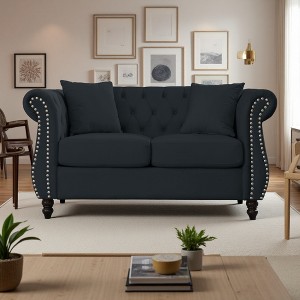 3+2 Velvet Chesterfield Sofa with Nailhead Trim & Pillows - 1 of 4