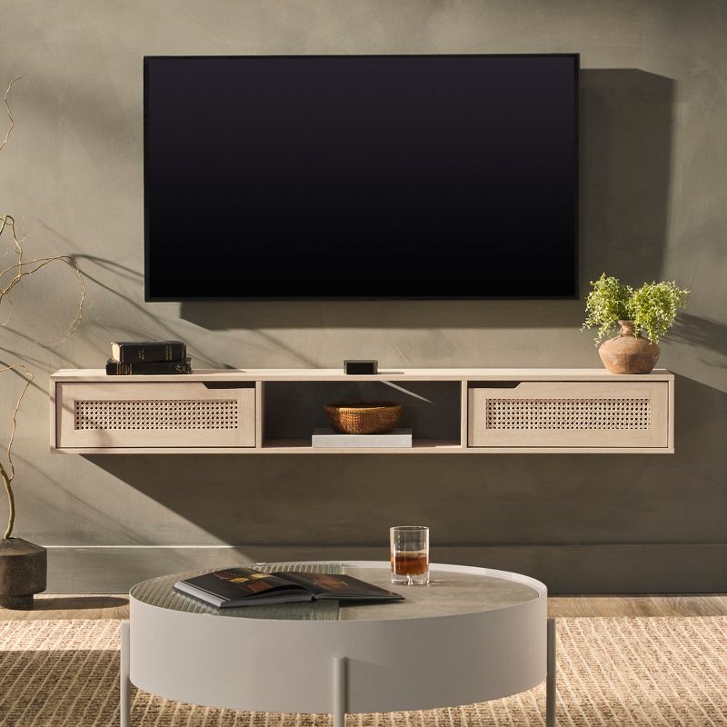 Modern Boho Floating TV Stand for TVs up to 65" with Rattan Doors - Saracina Home, 4 of 16