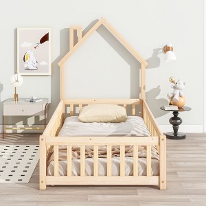 CAVINAS Kids Montessori Bed with House-Shaped Headboard,Floor Bed with Fence,Twin/Full Size Toddler Bed for Bedroom,Gray/White/Brown - 1 of 4