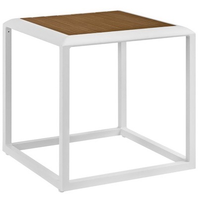 Modway Stance Outdoor Patio Aluminum Side Table White Natural – Weather-Resistant Modern Side Table with Slatted Wood Top
