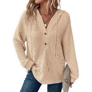 Womens Waffle Hooded Tops Loose Fit Sweater Knit Hoodie Front Half Open Placket Button Tops Lightweigt Textured Tops Waffle Sweat Tops - 1 of 3