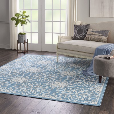 Elegant Ivory & Blue Floral Viscose 7'10" x 9'10" Area Rug